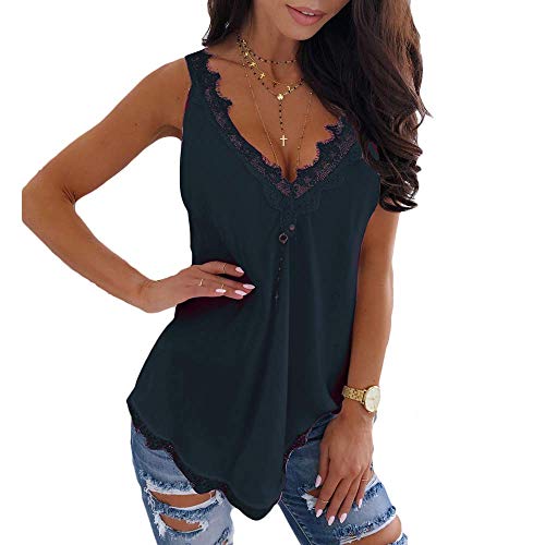 Onsoyours Damen Tank Top Sommer Ärmellos Oberteile Sexy Spitze Shirt Strand Vest Top Bluse Design A Schwarz XXL von Onsoyours