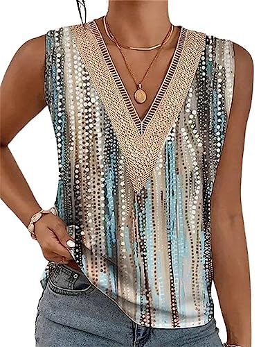 Onsoyours Damen Tank Top Sommer Ärmellose Blusentop Sexy Spitzen V-Ausschnitt Weste Top Casual Shirt Tops Bluse B Khaki L von Onsoyours