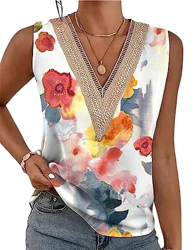 Onsoyours Damen Tank Top Sommer Ärmellose Blusentop Sexy Spitzen V-Ausschnitt Weste Top Casual Shirt Tops Bluse B Mehrfarbig L von Onsoyours