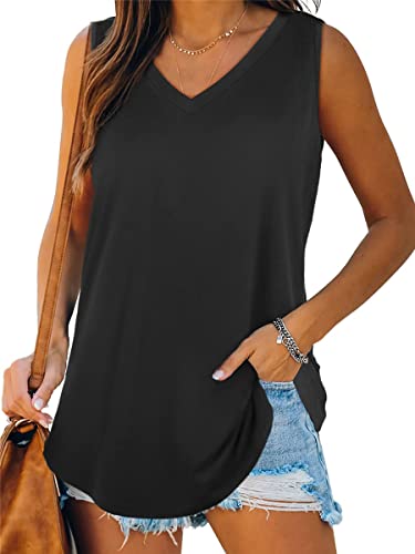 Onsoyours Damen Tank Top Sommer Ärmellose Einfarbig T Shirt V-Ausschnitt Weste Bluse Basic Oberteile Tunika Casual Lose Shirt Tops A Schwarz XL von Onsoyours