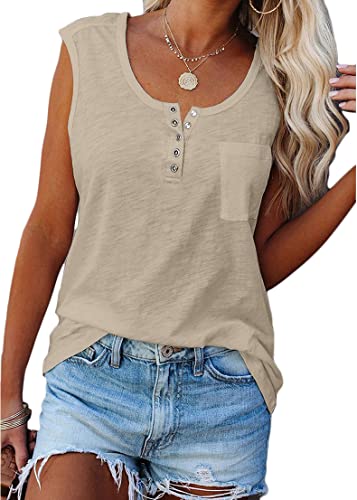 Onsoyours Damen Tank Top Sommer Ärmellose T Shirt Knopfleiste Bluse Basic Oberteile Tunika Casual Lose Einfarbig Shirt Tops A Beige L von Onsoyours