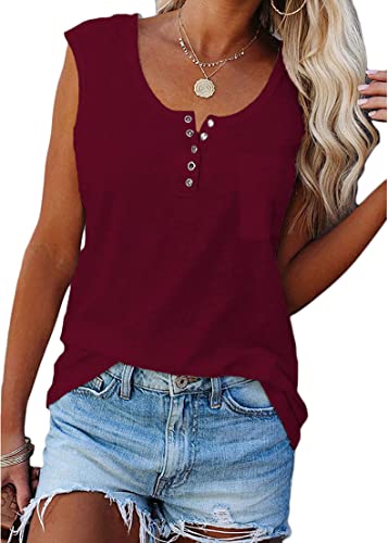 Onsoyours Damen Tank Top Sommer Ärmellose T Shirt Knopfleiste Bluse Basic Oberteile Tunika Casual Lose Einfarbig Shirt Tops A Rot L von Onsoyours