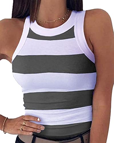 Onsoyours Damen Tank Top Tshirt Sommer Oberteile Sexy Ärmellose Blusen Casual Basic Einfarbige Blusentop Tunika Casual Shirt B Grau Gestreift M von Onsoyours