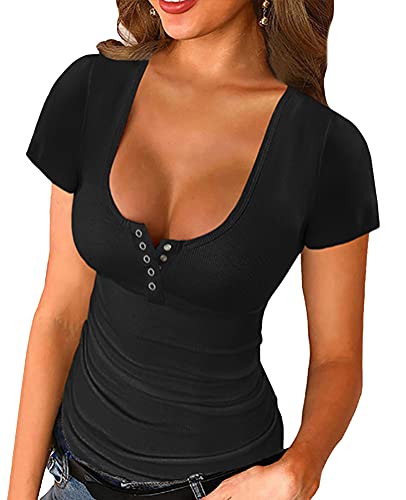 Onsoyours Damen Tank Tops Elegant Sommer T-Shirts Casual Oberteil Top Ärmellose Shirt Basic Oberteile V-Ausschnitt Sport Tank Top A Schwarz M von Onsoyours