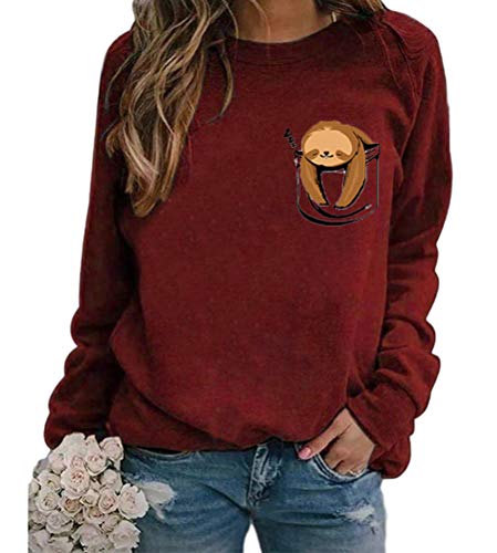Onsoyours Damen Taschenfaultier Sweatshirt Lustiger Sloth Pullover Lässig Pulli Rundhals Langarmshirt Einfarbig Oberteile Top Weinrot L von Onsoyours