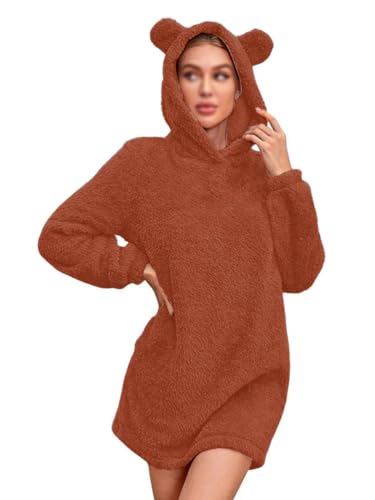 Onsoyours Damen Teddy Fleece Kleid Katzenohren Plüschkleider Sweatshirt Kleid Pulloverkleid mit Kapuze Langarm Einfarbig Kapuzenpullover Minikleid B Braun XXL von Onsoyours
