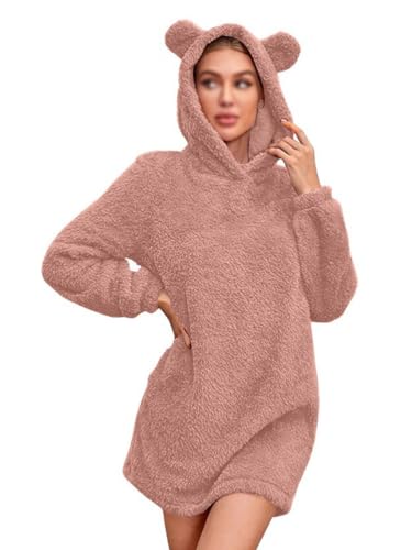 Onsoyours Damen Teddy Fleece Kleid Katzenohren Plüschkleider Sweatshirt Kleid Pulloverkleid mit Kapuze Langarm Einfarbig Kapuzenpullover Minikleid B Rosa L von Onsoyours