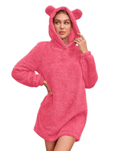 Onsoyours Damen Teddy Fleece Kleid Katzenohren Plüschkleider Sweatshirt Kleid Pulloverkleid mit Kapuze Langarm Einfarbig Kapuzenpullover Minikleid B Wassermelonenrot S von Onsoyours