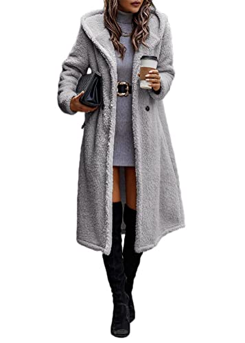 Onsoyours Damen Teddy Fleece Mantel Lang Warm Cardigan Parka Winterjacke Kapuzenjacke Plüschjacke Fleecejacke mit Kapuze und Taschen A Grau XS von Onsoyours