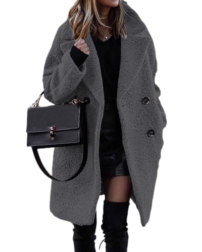 Onsoyours Damen Teddy Fleece Mantel Lang Warm Cardigan Parka Winterjacke Kapuzenjacke Plüschjacke Fleecejacke mit Kapuze und Taschen B Dunkelgrau XXL von Onsoyours