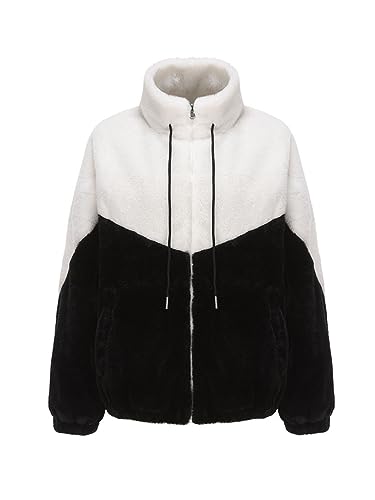 Onsoyours Damen Teddy Fleece Mantel Stehkragen Plüschjacke Farbblock Sweatshirt Jacke Oversize Pullover Wintermantel Einfarbig Lässige Warm Cardigan Mit Taschen Übergangsjacke A Schwarz XXL von Onsoyours