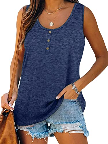 Onsoyours Damen Tops Sommer Ärmellos Tank Tops Elegant Oberteile Freizeit Lose Einfarbig Tunika Shirts mit Tasten B Dunkelblau XL von Onsoyours