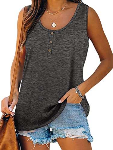Onsoyours Damen Tops Sommer Ärmellos Tank Tops Elegant Oberteile Freizeit Lose Einfarbig Tunika Shirts mit Tasten B Dunkelgrau XXL von Onsoyours