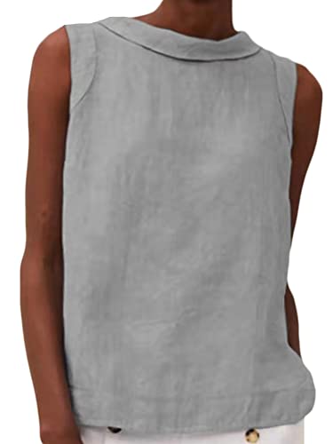 Onsoyours Damen Top Einfache Mode Bluse Leinen Shirt Elegant Ärmellose T-Shirt Casual Rundhals Sommer Shirts Top A Dunkelgrau L von Onsoyours