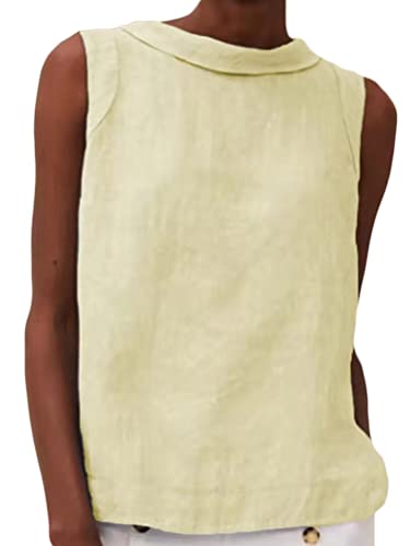 Onsoyours Damen Tops Einfache Mode Bluse Leinen Shirt Elegant Ärmellose T-Shirt Casual Rundhals Sommer Shirts Top A Gelb L von Onsoyours
