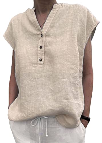 Onsoyours Damen Tops Einfache Mode Bluse Leinen Shirt Elegant Ärmellose T-Shirt Casual Rundhals Sommer Shirts Top C Khaki L von Onsoyours