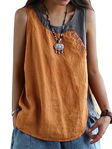 Onsoyours Damen Tops Tshirt Damen Einfache Mode Bluse Damen Leinen Shirt Elegant ärmellose T-Shirt Casual Rundhals Sommer Shirts Top E Orange M von Onsoyours