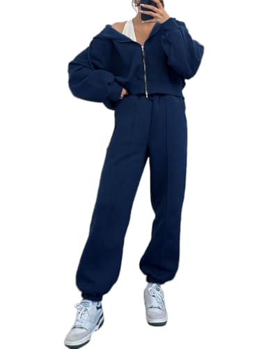 Onsoyours Damen Trainingsanzüge Warm Hausanzug Jogginganzug Set Langarm Activewear Workout Set Sport Outfit Kapuzenpullover mit Reißverschluss und Lange Hose A Dunkelblau XS von Onsoyours