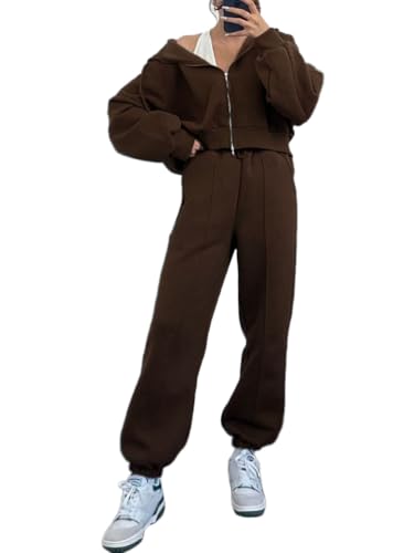 Onsoyours Damen Trainingsanzüge Warm Hausanzug Jogginganzug Set Langarm Activewear Workout Set Sport Outfit Kapuzenpullover mit Reißverschluss und Lange Hose A Kaffee S von Onsoyours