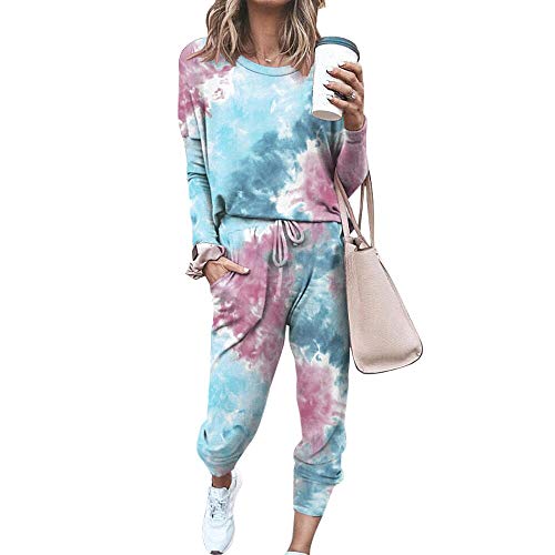 Onsoyours Damen Trainingsanzug 2 Teiler Tie Dye Hausanzug Kuschelig Jogginganzug Sportliche Hose Mit Kordelzug Und Taschen Blau 3XL von Onsoyours