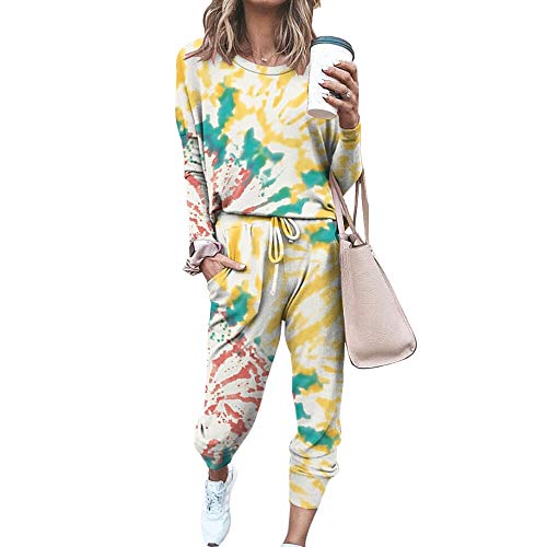 Onsoyours Damen Trainingsanzug 2 Teiler Tie Dye Hausanzug Kuschelig Jogginganzug Sportliche Hose Mit Kordelzug Und Taschen Gelb XS von Onsoyours