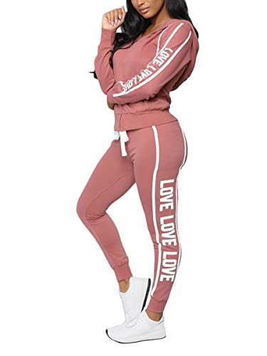 Onsoyours Damen Trainingsanzug Freizeitanzug Mode Drucken Sportbekleidung Frauen Set Jogginganzug Sportliche Hose mit Kordelzug und Taschen Sport Yoga Outfit 2 Stück Set A Rosa XS von Onsoyours