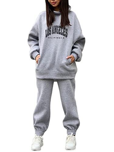 Onsoyours Damen Trainingsanzug Mode Los Angeles Sportbekleidung Set Jogginganzug Sportliche Hose mit Kordelzug und Taschen Sport Yoga Outfit 2 Stück Set D Grau L von Onsoyours