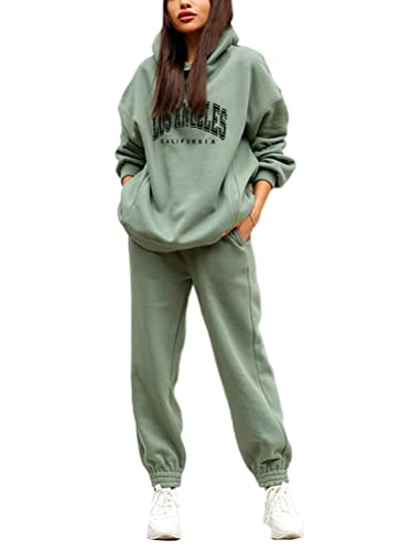 Onsoyours Damen Trainingsanzug Mode Los Angeles Sportbekleidung Set Jogginganzug Sportliche Hose mit Kordelzug und Taschen Sport Yoga Outfit 2 Stück Set D Grün L von Onsoyours