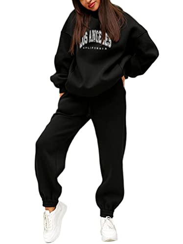 Onsoyours Damen Trainingsanzug Mode Los Angeles Sportbekleidung Set Jogginganzug Sportliche Kapuzenpullover Hose mit Kordelzug und Taschen Sport Yoga Outfit 2 Stück Set D Schwarz M von Onsoyours