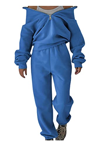 Onsoyours Damen Trainingsanzug Mode Los Angeles Sportbekleidung Set Jogginganzug Sportliche Hose mit Kordelzug und Taschen Sport Yoga Outfit 2 Stück Set E Blau M von Onsoyours
