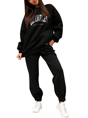 Onsoyours Damen Trainingsanzug Mode Los Angeles Sportbekleidung Set Jogginganzug Sportliche Sweatshirt Hose mit Kordelzug und Taschen Sport Yoga Outfit 2 Stück Set A Schwarz L von Onsoyours