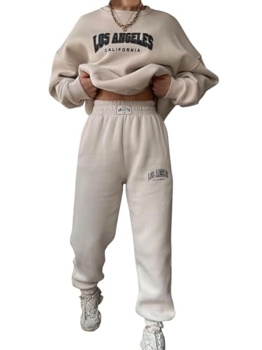 Onsoyours Damen Trainingsanzug Sportanzug 2-Teiliges Set Jogginganzug Hausanzug Sweatshirt Top ohne Kapuze und Jogginghose Sportbekleidung Tracksuit Outfit A Aprikose XXL von Onsoyours