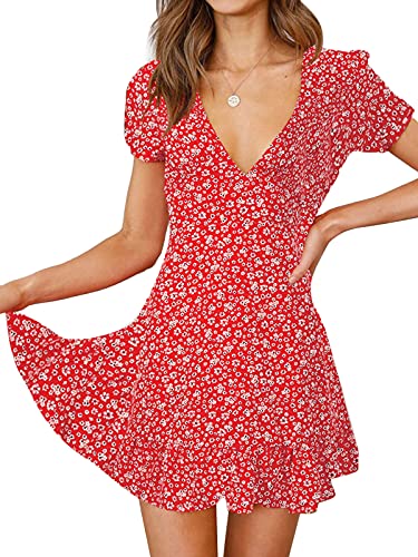 Onsoyours Damen Tunika Kleid Polka Dot Blumen Sommerkleid Kurzarm Rüschenärmel Babydoll T-Shirt Kleider Lose Plissee Minikleid A-Linie Skaterkleid A Rot M von Onsoyours