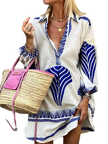 Onsoyours Damen Tunika Kleider Mini Sommer Vintage Strandkleider Kurz V Ausschnitt Kleid Leicht Mit Taschen Sommerkleid Lose Casual B Blau XL von Onsoyours