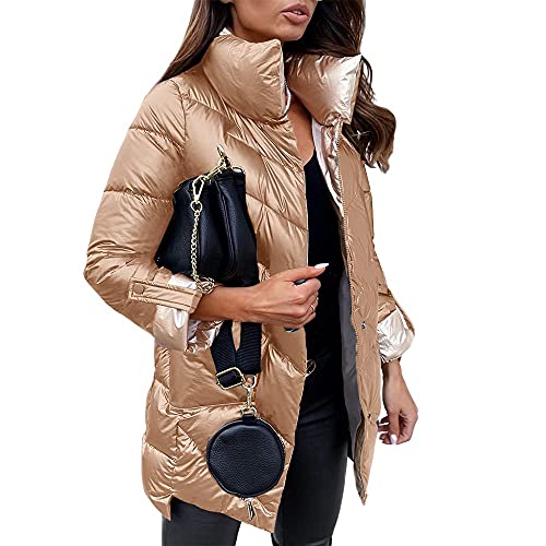 Onsoyours Damen Übergangsjacke Parka Kurzmantel Winter-Jacke Winter-Mantel Steppmantel A Champagner M von Onsoyours