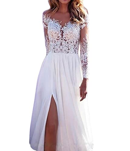 Onsoyours Damen V-Ausschnitt Hochzeitskleider Lang Ärmel Spitze Chiffon Boho Brautkleider Weiß 11 L von Onsoyours