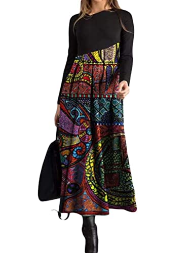 Onsoyours Damen V-Ausschnitt Kleid Langarm Elegante Vintage Lässig Maxikleid Drucken Cocktail Abendkleid Frauen Hohe Taille Kleid Sommer Beach Rock D Mehrfarbig 07 M von Onsoyours