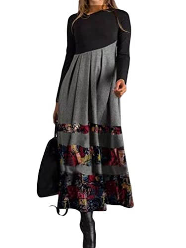 Onsoyours Damen V-Ausschnitt Kleid Langarm Elegante Vintage Lässig Maxikleid Drucken Cocktail Abendkleid Frauen Hohe Taille Kleid Sommer Beach Rock D Mehrfarbig 10 M von Onsoyours