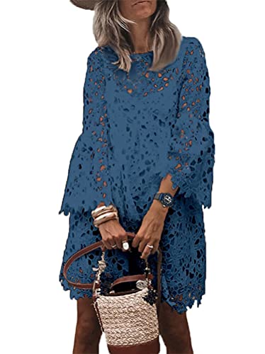 Onsoyours Damen V-Ausschnitt Retro Sommer Spitzen Strandkleid Mini Kleider Boho Kurz Lose Sommerkleid Elegant Casual A-Linie Kleid Ärmellos A Blau 3XL von Onsoyours