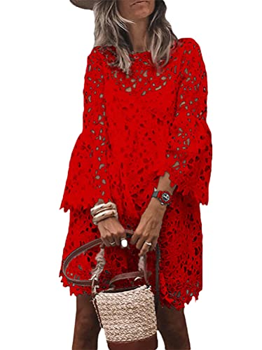 Onsoyours Damen V-Ausschnitt Retro Sommer Spitzen Strandkleid Mini Kleider Boho Kurz Lose Sommerkleid Elegant Casual A-Linie Kleid Ärmellos A Rot L von Onsoyours