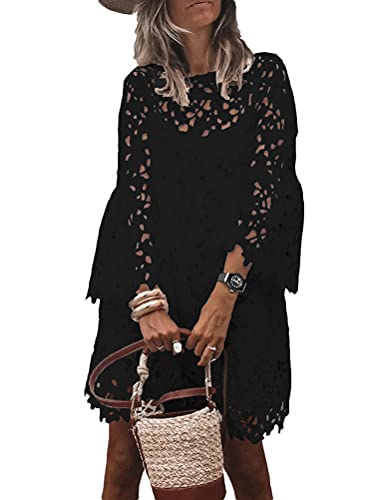 Onsoyours Damen V-Ausschnitt Retro Sommer Spitzen Strandkleid Mini Kleider Boho Kurz Lose Sommerkleid Elegant Casual A-Linie Kleid Ärmellos A Schwarz XXL von Onsoyours