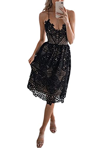 Onsoyours Damen V-Ausschnitt Retro Sommer Spitzen Strandkleid Mini Kleider Boho Kurz Lose Sommerkleid Elegant Casual A-Linie Kleid Ärmellos B Schwarz L von Onsoyours