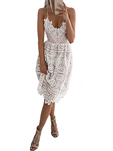 Onsoyours Damen V-Ausschnitt Retro Sommer Spitzen Strandkleid Mini Kleider Boho Kurz Lose Sommerkleid Elegant Casual A-Linie Kleid Ärmellos B Weiß S von Onsoyours