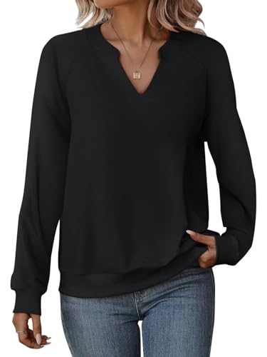 Onsoyours Damen V-Ausschnitt Sweatshirt Frühling Langarm Pullover Locker Casual Basic Oberteile A Schwarz XXL von Onsoyours