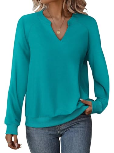 Onsoyours Damen V-Ausschnitt Sweatshirt Frühling Langarm Pullover Locker Casual Basic Oberteile A Türkis M von Onsoyours