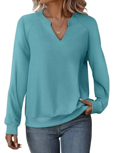 Onsoyours Damen V-Ausschnitt Sweatshirt Frühling Langarm Pullover Locker Casual Basic Oberteile A Türkisblau XL von Onsoyours