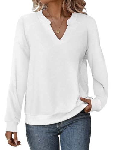 Onsoyours Damen V-Ausschnitt Sweatshirt Frühling Langarm Pullover Locker Casual Basic Oberteile A Weiß L von Onsoyours