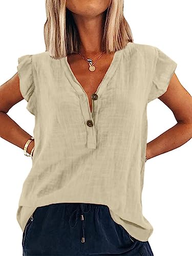 Onsoyours Damen V Ausschnitt Tank Top Leinenbluse Ärmellose Rüsche Oberteile Sommer T Shirt Hemd Casual Tunika Einfarbig Bluse Shirts Aprikose L von Onsoyours