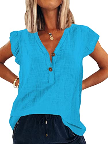 Onsoyours Damen V Ausschnitt Tank Top Leinenbluse Ärmellose Rüsche Oberteile Sommer T Shirt Hemd Casual Tunika Einfarbig Bluse Shirts Blau XL von Onsoyours