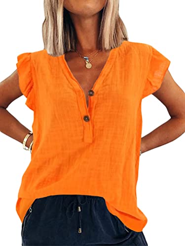 Onsoyours Damen V Ausschnitt Tank Top Leinenbluse Ärmellose Rüsche Oberteile Sommer T Shirt Hemd Casual Tunika Einfarbig Bluse Shirts Orange L von Onsoyours